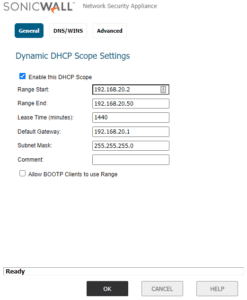 SonicWall DHCP Scope Settings